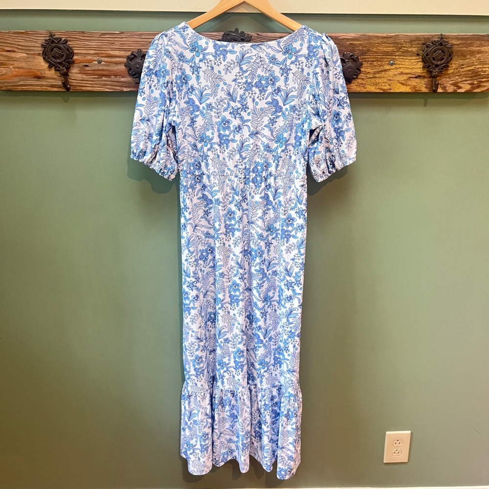 Smith & Quinn Blue Floral Square Neck Puff Sleeve Tiered Midi Dress Large - Picture 5 of 5